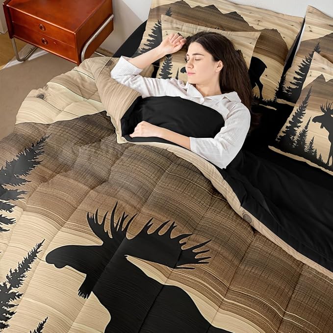 Erosebridal Antler Moose Bed in A Bag with Flat Fitted Sheets | Queen Size 7 Pieces Hunting Deer Comforter Set with Sheets Rustic Cabin Lodge Bedding Set Woodland Country Deer Silhouette Bed Sets