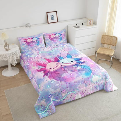 Cute Axolotl Reversible King Size Comforter Set,Pink Blue Couple Axolotl Decor All Season Bedding Set,Teens Rainbow Stars Galaxy Comforter,Dreamy Love Decor Quilt Set Bedroom Collection 3Pcs,Colorful