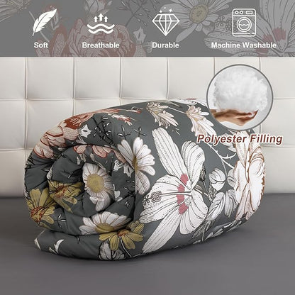 Luxudecor King Comforter Set 7 Pieces Bedding Sets,Gray Floral Comforter and Sheet Set,Soft Microfiber Bed in a Bag for All Seasons (Gray,104"x90")