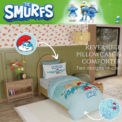 Franco The Smurfs Bedding Super Soft Cozy Reversible Comforter and Sheet Set, 4 Piece Twin Size, (Officially Licensed Product)