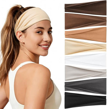 Headbands for Women, 8 Pack Non-Slip Moisture Wicking Sports Wide Head Bands, Stretchy Elastic Fabric, Multiple Colors Securing Hair for Fashion, Sports, Yoga, Running, Daily Life