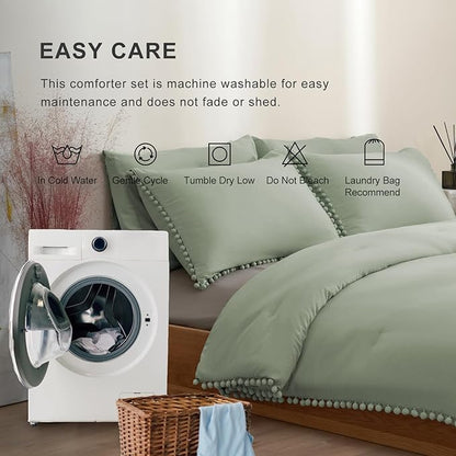 MUKKA Queen Comforter Set 5-Piece Comforter Sage Green Queen Size, Boho Pom Pom Fringe Comforter Sets Queen Size, Bedding Comforter Sets with 2 Pillowcases,2 Pillowshams