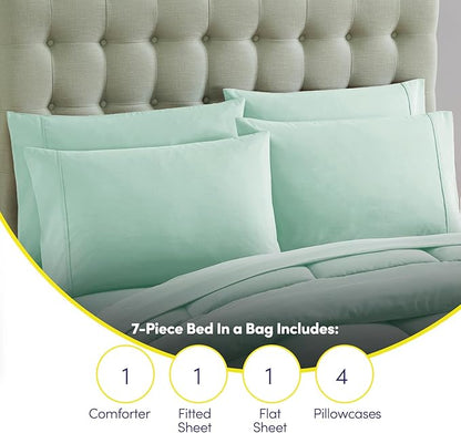King Size Comforter Set with Sheets - 7-Piece Bedding Collection - 1 Comforter, 1 Fitted Sheet, 1 Flat, 4 Pillowcases - Deep Pocket - Soft & Breathable Premium Quality - Ideal for All Seasons, Mint