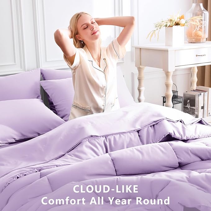 CozyLux King Size Comforter Set Lavender, 7 Pieces Bed in a Bag, Light Purple Comforter King Size, All Season Bedding Sets with Stitch Quilted Comforter, Flat Sheet, Fitted Sheet, Pillowcases