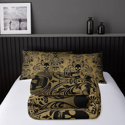Adults Yellow Gothic Comforter Set Full Size,Vintage Damask Floral Bedding Set 3Pcs,Bohemia Bedding Set Goth Skull Printed Quilted Set for Teens Adult with 1 Comforter and 2 Pillowcase
