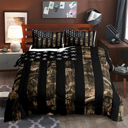 LUVIVIHOME 3PCS Camo Comforter Set Full Size, Rustic Bedding, Black American Flag Bed Set, Country Farmhouse Hunting Bedroom Decor for Men Boys, Soft Microfiber Quilt, 2 Pillow Shams