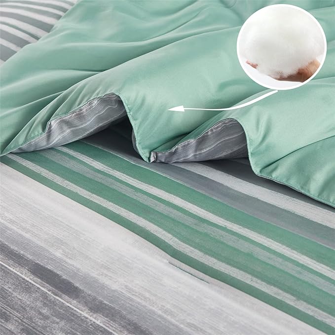 KAKIJUMN 7 Piece Bed in a Bag Stripe Comforter Set King Size, White Grey Sage Green Patchwork Striped Comforter and Sheet Set, All Season Soft Microfiber Complete Bedding Sets(Green,King)