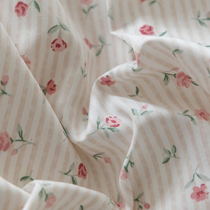 mixinni Boho Floral Comforter Sets Full Size Soft Fluffy Bed Set Green Leaves Dusty Rose Pattern on White Comforter Set, 3 Pieces Cute Floral Bedding Set with 2 Bow Tie Pillowcases for All Season