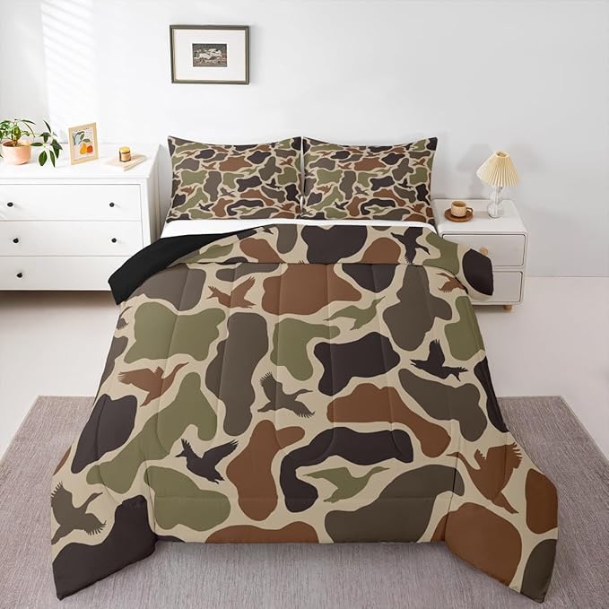 Erosebridal Hunting Duck Hunter Bedding Set Queen Camo Birds Comforter Set Army Green Ducks Comforter for Men Camouflage Military Duvet Insert Boys Wild Woodland Pillowcases Rustic Room Decor