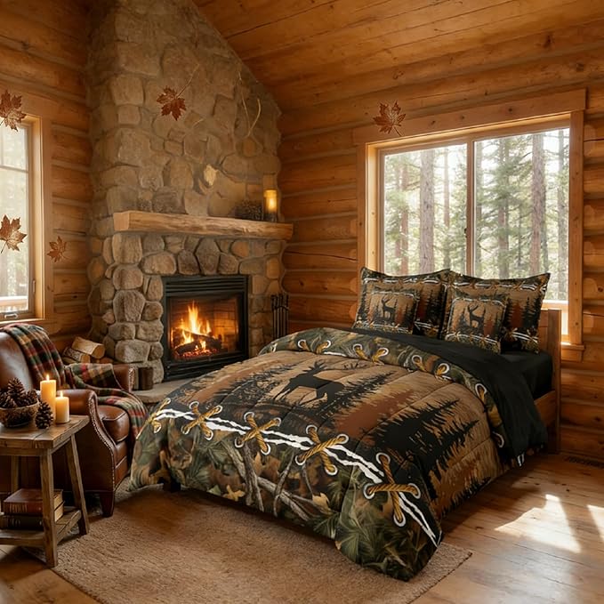 Deer Bed in a Bag King Size Comforter Set 7 Pieces | Country Camo Bedding Sets Mens Elk Moose Comforter and Sheet Set, Deer Bedding Sets Woodland Animals Farmhouse Bed Sets,Cabin Hunting Decor