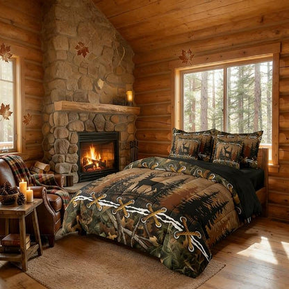 Erosebridal Deer 7 Piece Comforter Set Full Bed in a Bag | Country Camo Bedding Sets Mens Elk Moose Comforter and Sheet Set, Deer Comforter Set Woodland Animals Farmhouse Bed Sets,Cabin Hunting Decor