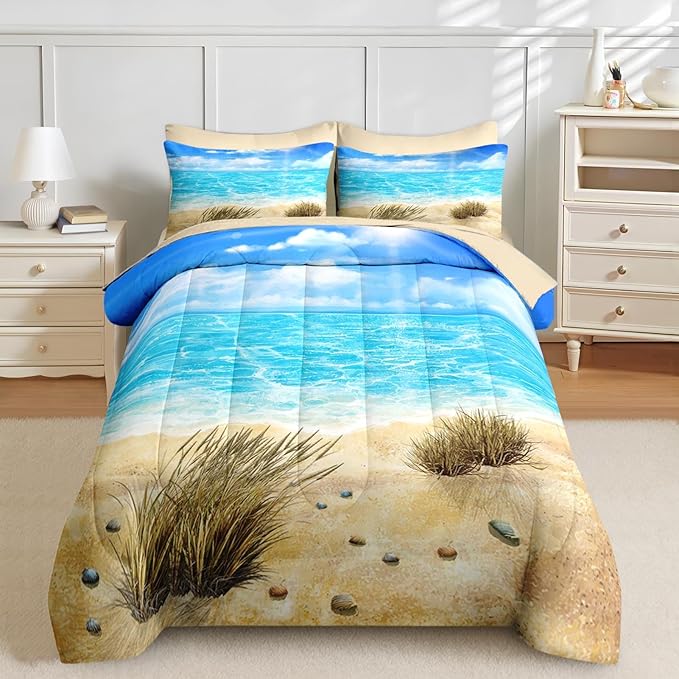Nesker 7 Pcs Comforter Set Full Size, Coastal Beach Seascape Scenery Bedding Set for Kids and Adults, Blue Ocean Seaside Seaweed Summer Bed Sheet Sets with Fitted Sheet 2 Pillowcases & 2 Shams