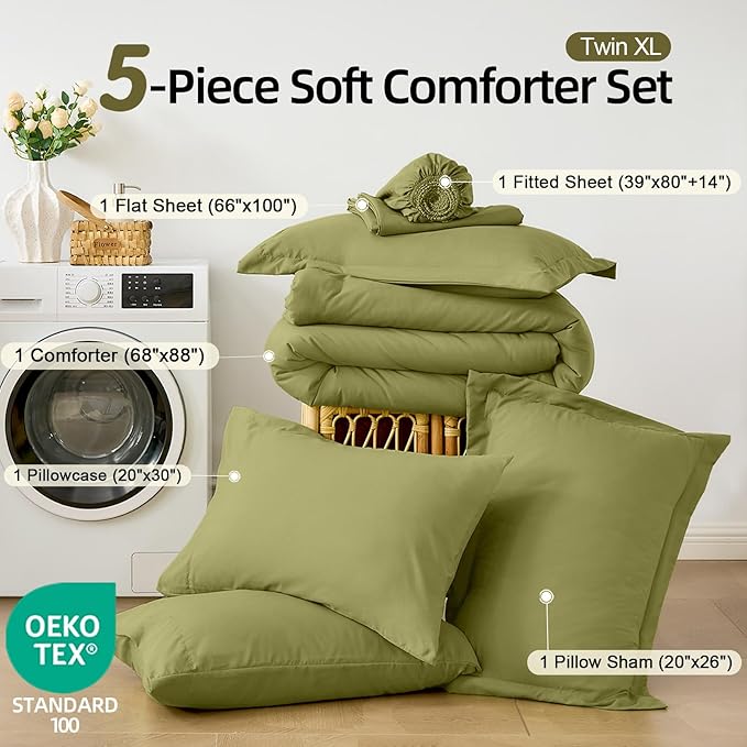 FUANNA Twin XL Comforter Set Olive Green, 5 Pieces Soft Twin XL Size Bedding Sets, All Season Lightweight Bed in a Bag with Comforter, Flat Sheet, Fitted Sheet, Pillowcase & Sham