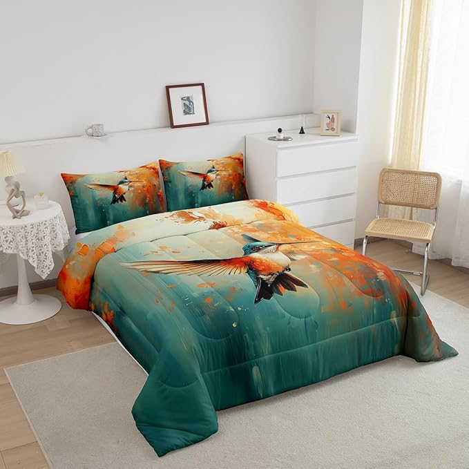 Feelyou Hummingbird Comforter Set Twin Size Tropical Birds Comforter Hummingbird Flowers Bedding Set Blossoming Iris Flowers Duvet Set Room Decor Teal Quilt Set
