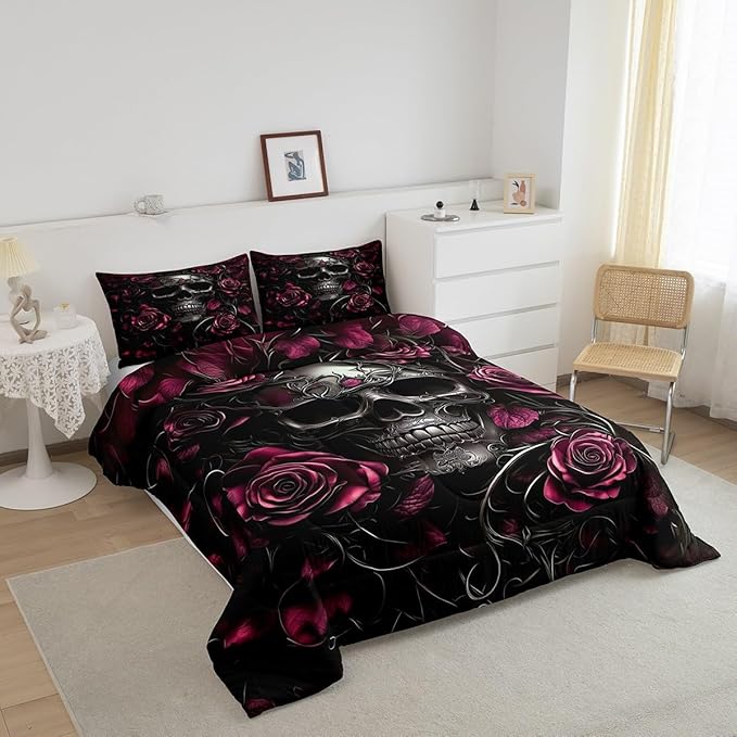Erosebridal Gothic Skull Bedding Set for Adluts Kids Teens Goth Toddler Comforter Vintage Victorian Romantic Hot Pink Rose Floral Quilt Spooky Grunge Skeleton Boho Horror Bedding,Gothic Decor