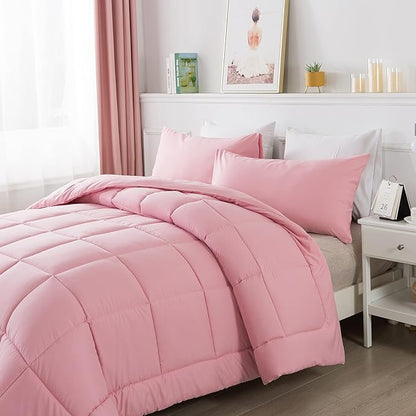 DOWNCOOL Queen Comforter Set -All Season Bedding Comforters Sets with 2 Pillow Cases-3 Pieces Bedding Sets Queen -Down Alternative Pink Queen Size Comforter Sets(88"x92")