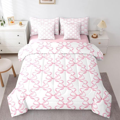 Feelyou Pink Bow King Comforter Set with Sheets for Kids Boys Girls Cute Bowknot 7 Pieces Bedding Set Bow Plaid Bed in a Bag Princess Decor Room Decor Soft Lightweight Microfiber