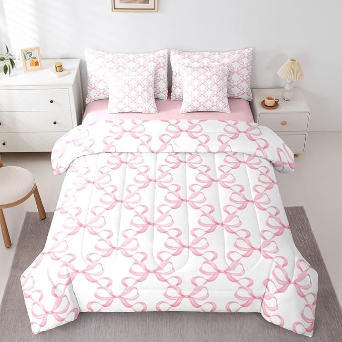 Feelyou Pink Bow Twin Comforter Set with Sheets for Kids Boys Girls Cute Bowknot 7 Pieces Bedding Set Bow Plaid Bed in a Bag Princess Decor Room Decor Soft Lightweight Microfiber