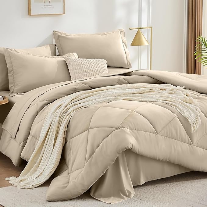 FUANNA 7 Pieces Queen Comforter Set, All Season Bed in a Bag Queen Size, Luxury Soft Bedding Sets with Comforter, Flat Sheet, Fitted Sheet, Pillowcases & Pillow Shams, Oatmeal