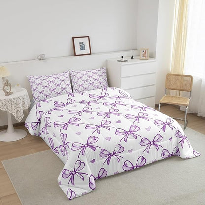 Purple Bow Girlish Comforter Set King Size,Bowknot Love Heart Cartoon Girly Bedding Set,Girls Women Room Decor,Bow Princess Style Romantic Down Comforter,Simple Chic Duvet Insert,2 Pillowcases