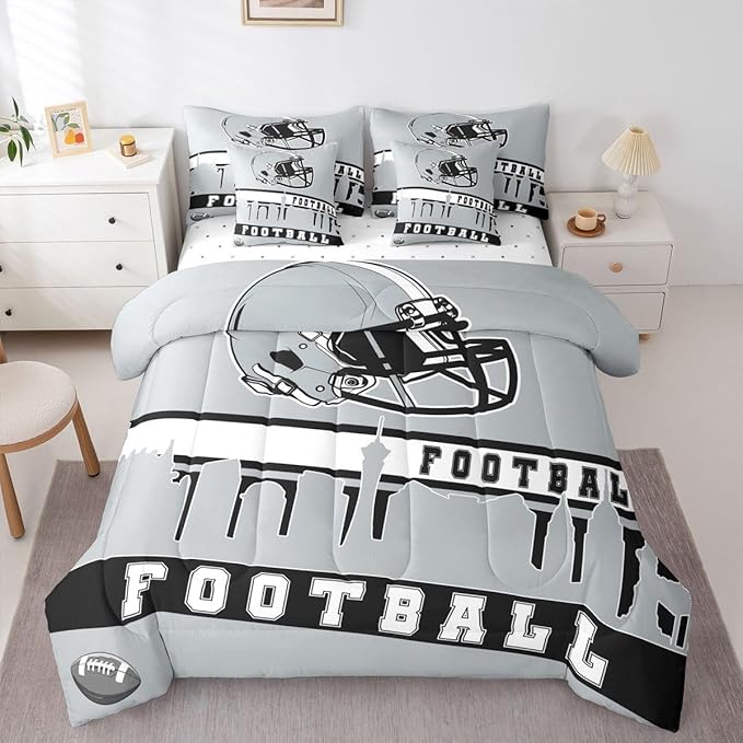 Erosebridal Football City 7 Pcs Comforter Set Queen Football Bedding Boys Girls Grey Rugby Game Sheet Set Bed in A Bag Football Fans Bedroom Decor Sports Ball Competition Bed Set