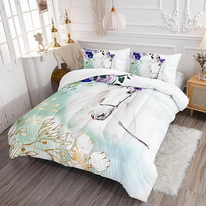 Floral Kid Galloping Horse Comforter Set Queen Animal Theme Handsome Horse Bedding Set Decorated with Green and Gold Leaves for Boys Girls Adult, 1 Comforter + 2 Pillowcases