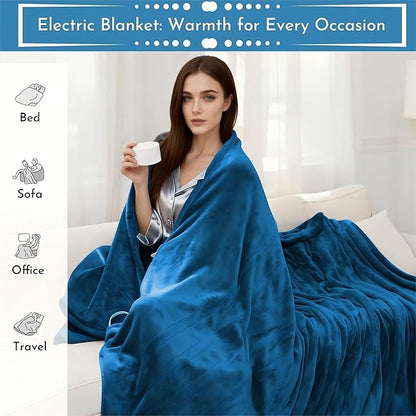 Electric Heated Blanket 62"x84" Twin Size Flannel Heated Blanket, Cozy & Warm for All Night, 5 Heat Settings & 10 Hours Auto Off, Machine Washable, Teal Blue