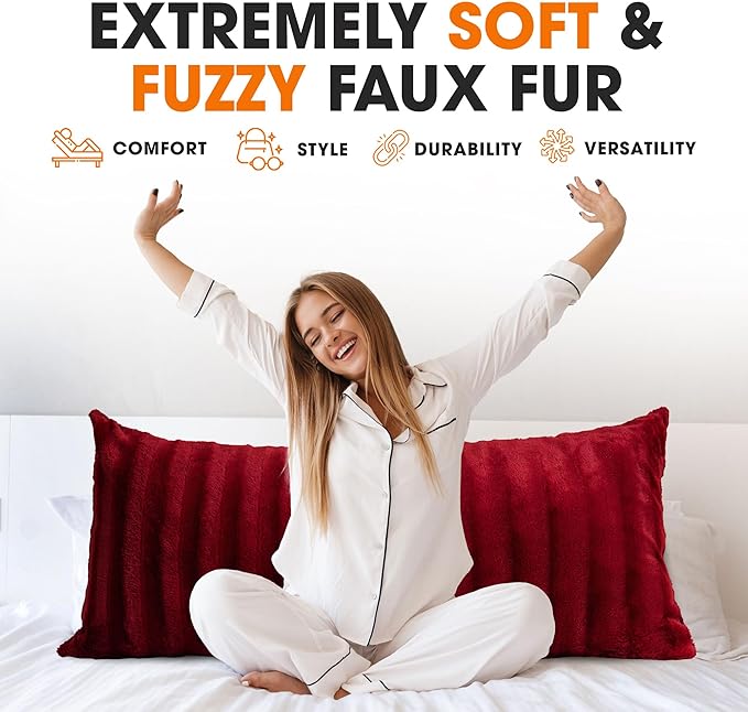 Cheer Collection Faux Fur Long Body Pillow - Accent Throw Pillow for Bed and Couch - Decorative Lumbar Pillow with Insert, Maroon (18" x 40")