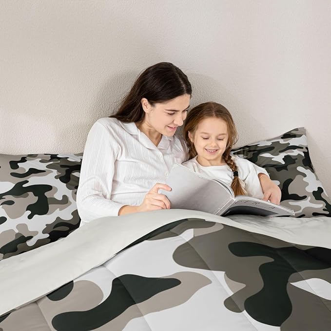 Camouflage Comforter Set Grey Camo Bedding Sets Queen Size Militarily Army Down Comforter For Boys Teens Men Adult Tie Dye Retro Geometric Warm Soft Quilted Duvet 3Pcs Bedroom Decor, All Season