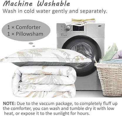 Natural Cotton 2pcs Floral Comforter Sets Twin Size-Gray Comforter with Luxurious Brown Branches and Taupe & Gray Leaves on White, Reversible Lightweight Bedding Sets(Twin 68"×90")
