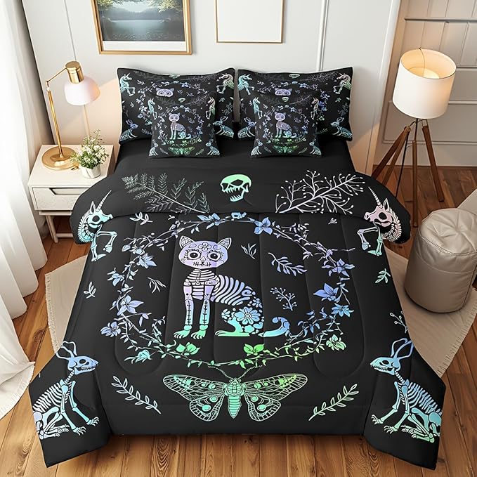 Castle Fairy Cute Cat Bedding Set 7 Pieces,Exotic Animals Skeleton Comforter Set with Sheets for Kids Teens Bedroom Decor,Butterfly Boho Flowers Leaves Bed Set in a Bag with Pillow Covers,Twin