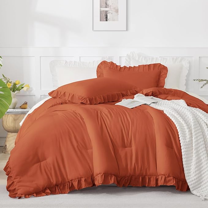 Andency Oversized King Ruffle Comforter Set 120x120, 3 Pieces Terracotta Lightweight Fluffy Super King Bedding Set, Shabby Chic Famhouse All Season Bed Set for Girls Women