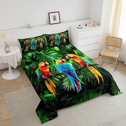Parrot Bedding Twin Size,Watercolor Animal Feather Down Comforter,Palm Leaf Comforter Set for Kid Teens Boys Man,Modern Tropical Plant Birds Bedroom Decor 2 Pcs Bedding Set