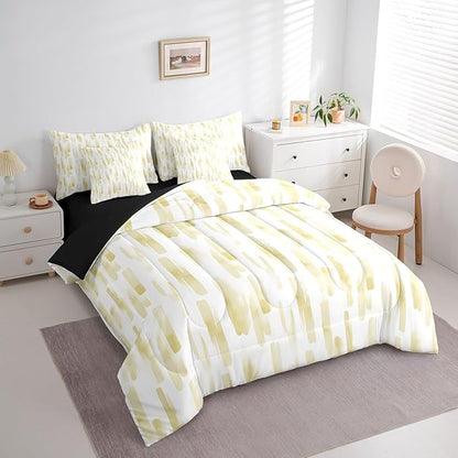 Erosebridal 7Pcs Lemon Yellow Boho Striped Comforter Set Twin,Geometric Stripes Abstract Bed in A Bag for Adults Women Men,Modern Ink Watercolor Quilt Set with Pillowcases,Ombre Gradient Art Bedding