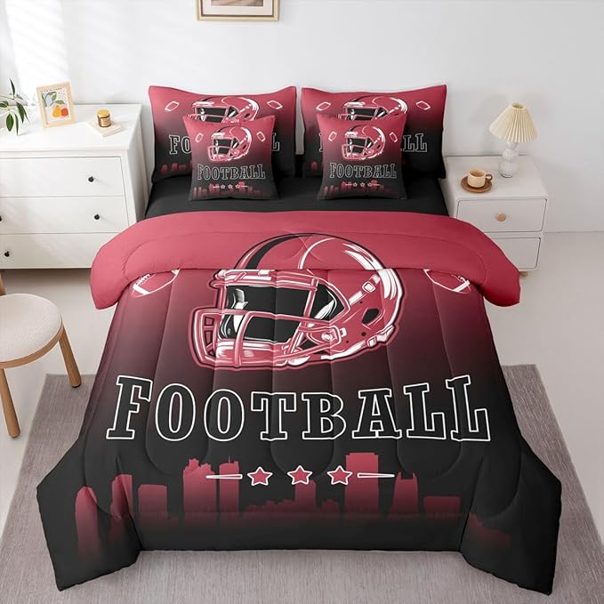 Erosebridal American Soccer Boys Full 7 Piece Bedding Set Football City Comforter Set with Sheets Sports Rugby Bed in A Bag for Kids Teen Adults,Red Black Ball Sports Games Bed Set