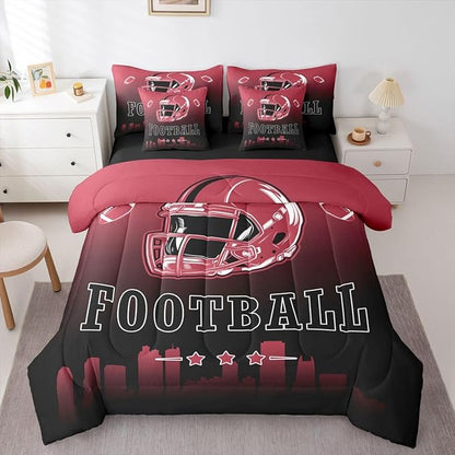 Erosebridal American Soccer Boys Full 7 Piece Bedding Set Football City Comforter Set with Sheets Sports Rugby Bed in A Bag for Kids Teen Adults,Red Black Ball Sports Games Bed Set