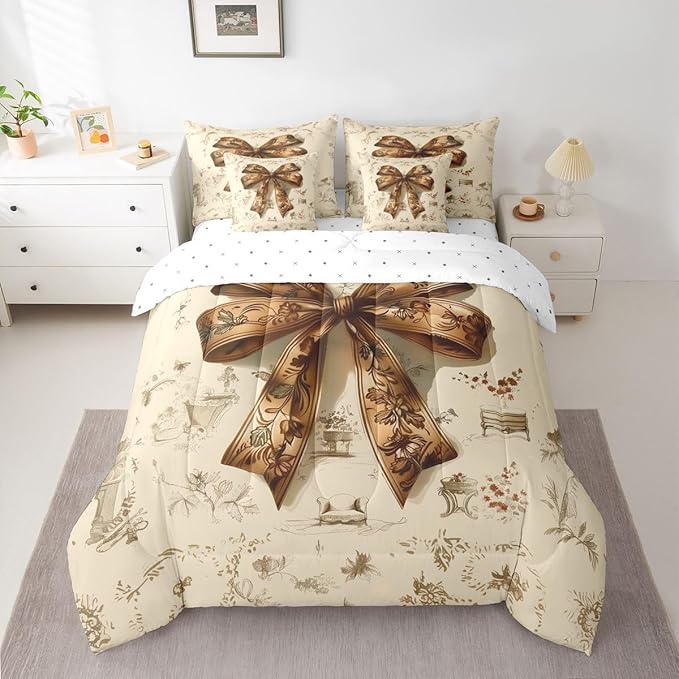 Erosebridal Brown Bowknot Bed in A Bag Twin | Coquette Decor Bohemian 7 Piece Comforter Set Western Cowboy Sheet Set Reversible Hippie Pastoral Style Fitted Sheet Breathable Lightweight