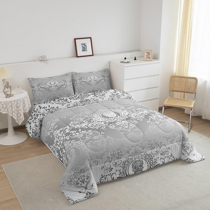 Feelyou Adults Silver Vintage Damask Floral Comforter Set Oriental Antique Comforter Queen Size Gothic Bohemia Boho Bedding Set Exotic Sugar Skull Duvet Set Quilt Set 3Pcs