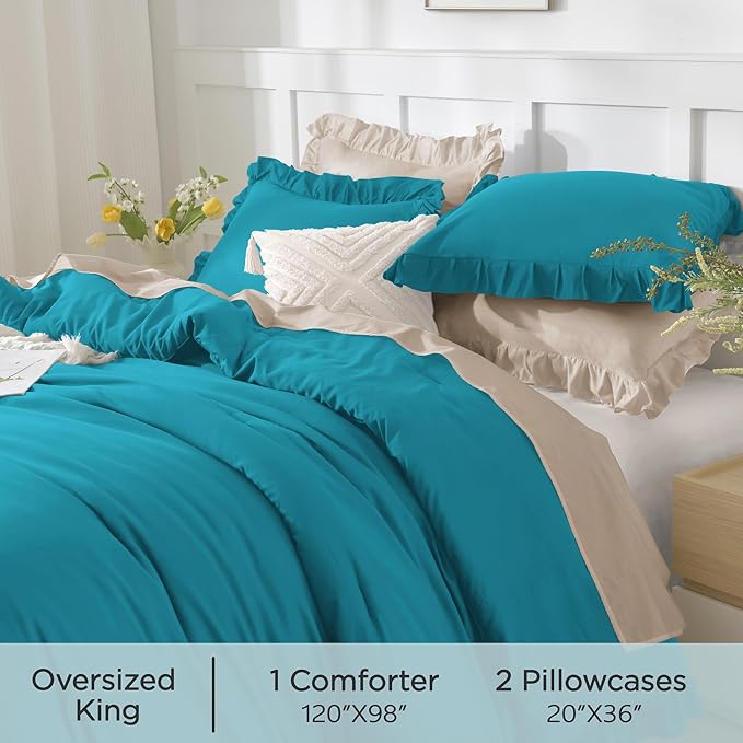 Andency Oversized King Comforter Set 120x98, 3 Pieces Ruffle Shabby Chic Famhouse Bedding Set, All Season Lightweight Fluffy Bed Set for Girls Women, Turquoise
