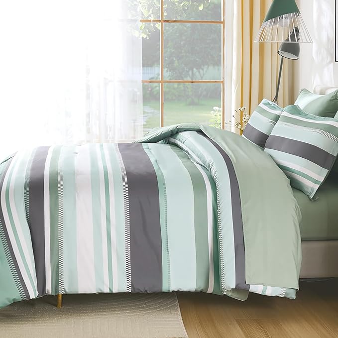 WONGS BEDDING Green Comforter King Size Set, 7 Pieces Bed in a Bag Green and Grey Comforter Set, Soft Boho Striped Bedding Sets with Sheets, Pillowcases & Shams