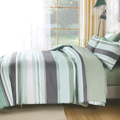 WONGS BEDDING Green Comforter Queen Size Set, 7 Pieces Bed in a Bag Green and Grey Comforter Set, Soft Boho Striped Bedding Sets with Sheets, Pillowcases & Shams
