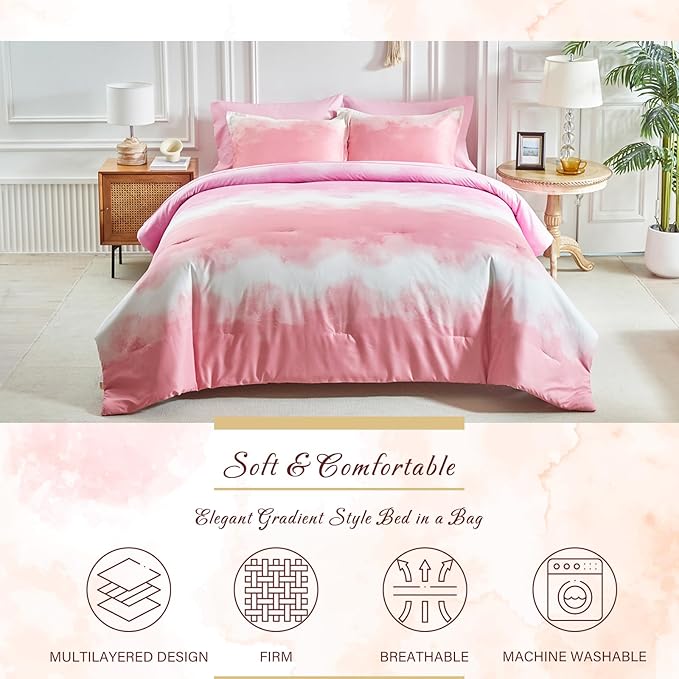 Blush Pink and White Gradient Comforter Set Queen Size 7 Pieces Elegant Ombre Bed in a Bag - Reversible All Season Bedding Set with Comforter, Flat Sheet, Fitted Sheet, 2 Pillowcases & 2 Pillow Shams