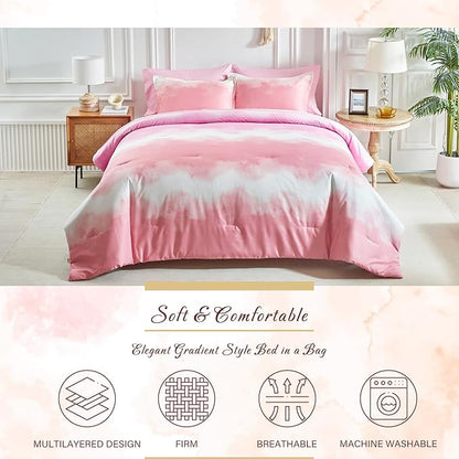 Blush Pink and White Gradient Comforter Set King Size 7 Pieces Elegant Ombre Bed in a Bag - Reversible All Season Bedding Set with Comforter, Flat Sheet, Fitted Sheet, 2 Pillowcases & 2 Pillow Shams