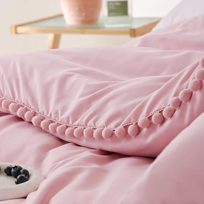 YIRDDEO Dust Pink Full Size Ball Pom Fringe Design Comforter Set 3pcs, Boho Aesthetic Luxurious Microfiber Comforter Set