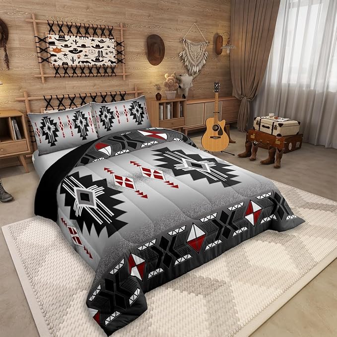 Erosebridal Rustic Western Comforter Set Twin, Southwestern Aztec Bedding Set for Boys Teens Men Bedroom, Exotic American Native Bedding Comforter Sets Vintage Bohemian Geometric Quilt, Red Grey