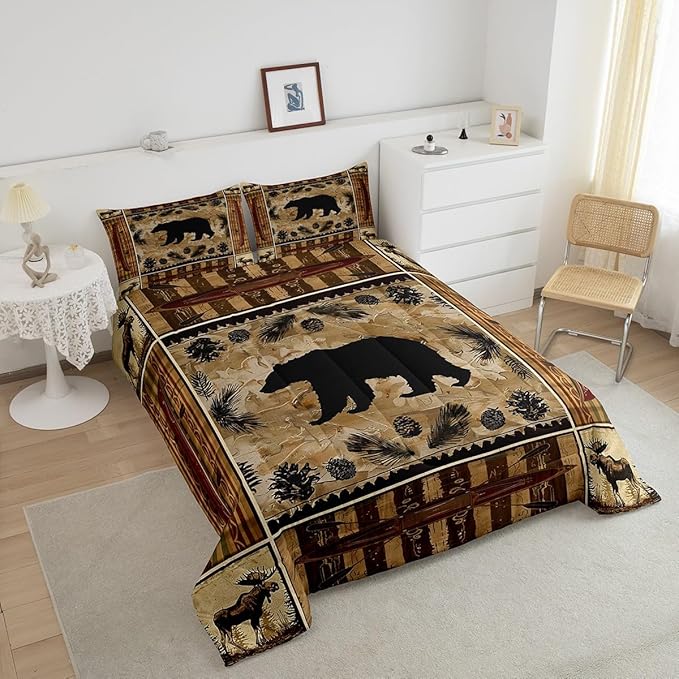 Feelyou Black Bear Comforter Set Full Western Rustic Cabin Decor Bedding Tribal Forest Animals Comforter Elk Wildlife Hunting Down Bear Deer Patchwork Quilt Set Nordic Bedroom Decor