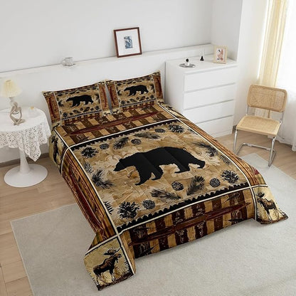 Feelyou Black Bear Comforter Set King Western Rustic Cabin Decor Bedding Tribal Forest Animals Comforter Elk Wildlife Hunting Down Bear Deer Patchwork Quilt Set Nordic Bedroom Decor