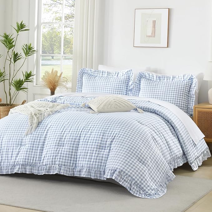 Andency Blue Gingham Ruffle Comforter Cal King(104x96Inch), 3 Pieces(1 Ruffled Comforter and 2 Pillowcases) Solid Farmhouse Shabby Chic Bed, Vintage Rustic Soft Microfiber Bedding Set
