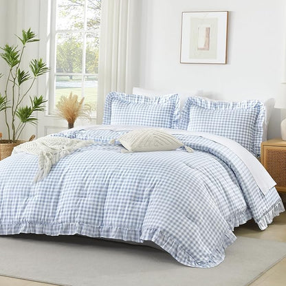Andency Blue Gingham Ruffle Comforter King(104x90Inch), 3 Pieces(1 Ruffled Comforter and 2 Pillowcases) Solid Farmhouse Shabby Chic Bed, Vintage Rustic Soft Microfiber Bedding Set