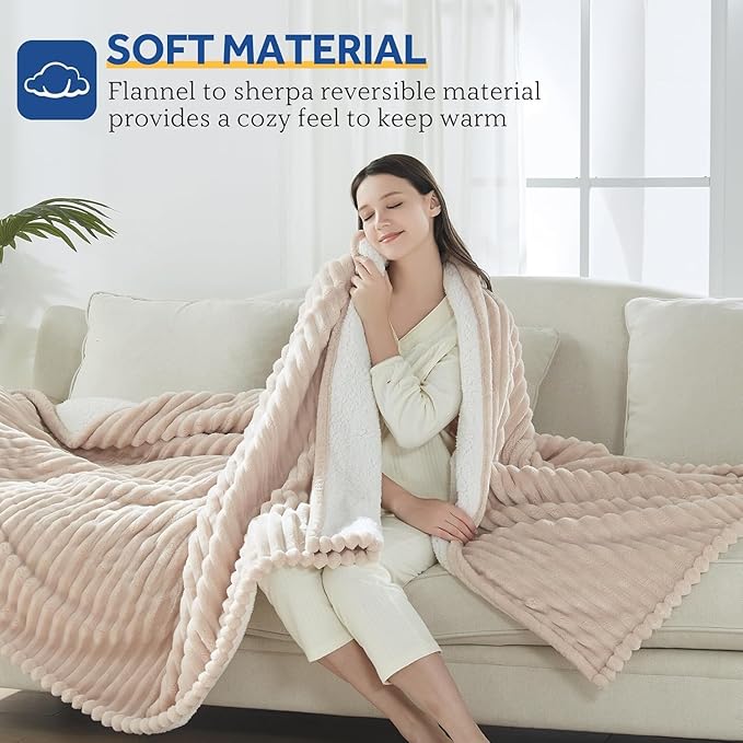 Sealy Electric Blanket Queen Size, Soft Ribbed Flannel to Sherpa Reversible Heated Blanket with Dual Control 10 Heat Settings & 1 to 12 Hours Auto-Off 84"x90" Machine Washable, Beige